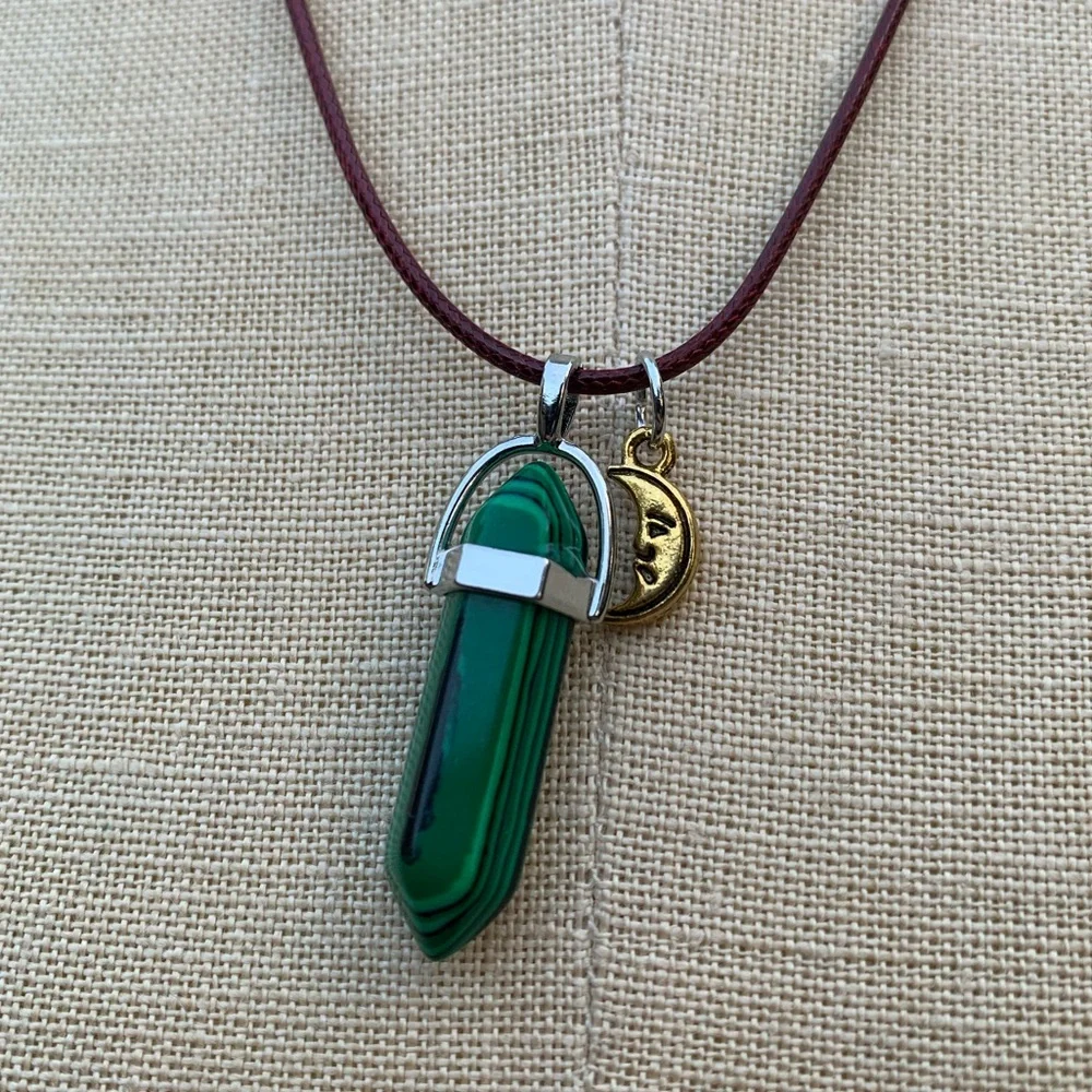 Handmade Malachite Dagger Tower Amulet with Moon Charm_6